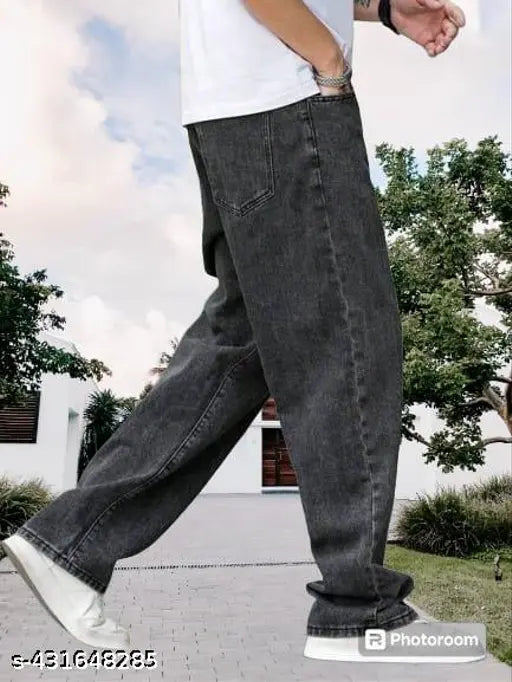 Mens loose baggy denim Zeera wash jeans, solid pattern in neutral tones for casual wear, size 28 (waist 29in, length 40in, hip 35in), India origin