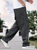 Mens loose baggy denim Zeera wash jeans, solid pattern in neutral tones for casual wear, size 28 (waist 29in, length 40in, hip 35in), India origin