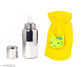 Stainless steel baby feeding set with yellow combopack, premium design for milk and drinks, easy to hold and insulated for 10+ hours. BPA-free, phthalate-free, lead-free, and PVC-free material. Includes interchangeable parts for sippy cup and travel bottle use