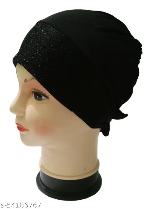 Black shimmer cotton net hijab cap (India), adjustable traditional Muslim women's solid black headscarf