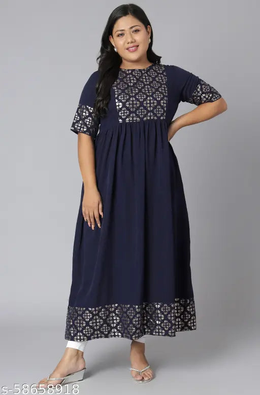 Dark Blue Poly Crepe Plus Size Kurta, printed combo - Indian fashion for women