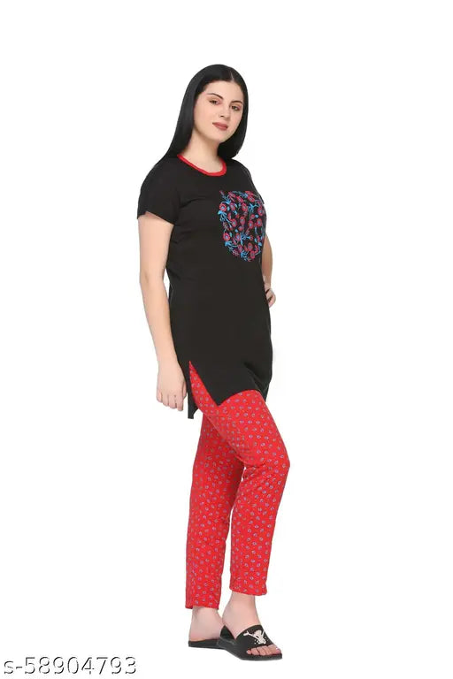 Being18 Women's cotton nightwear set, soft and pill-resistant long t-shirt & pants with printed design, ideal for summer comfort