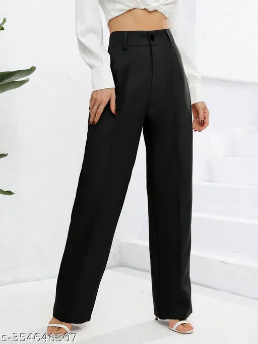 Cotton Lycra solid net, ankle length trousers with front seam detail and elastic waistband - slim fitting, high rise, straight leg, stretchy fabric