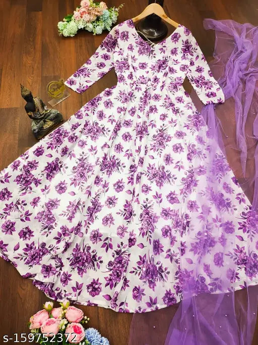 Indian printed georgette Anarkali kurti with long sleeves and moti gown, net dupatta included