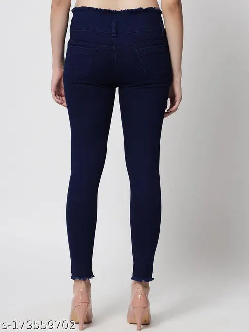 High rise, slim fit denim lycra blend jeans with raw edges and fringed hem for women