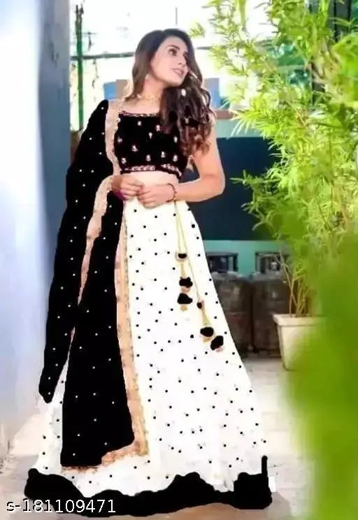 Fancy net lengha choli and duppata in satin, free size with 32" waist and 40" length. Indian bridal attire set with net top and dupatta