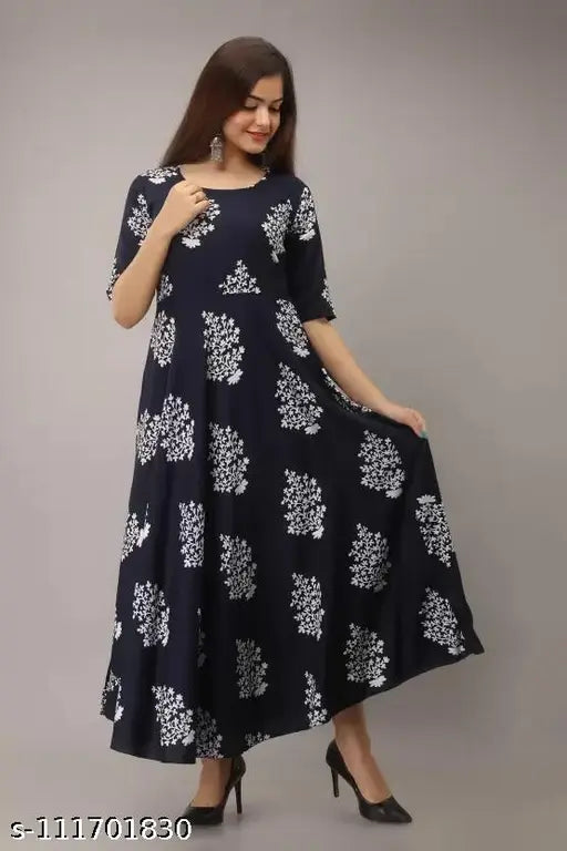 Rayon printed long kurta, short sleeves by Rupin Fashion Designer - stylish women's dress for work or occasion wear