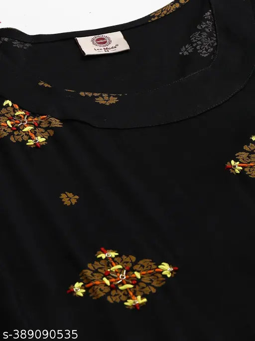 Women's printed viscose rayon flared kurta, three-quarter sleeves, vibrant design on display