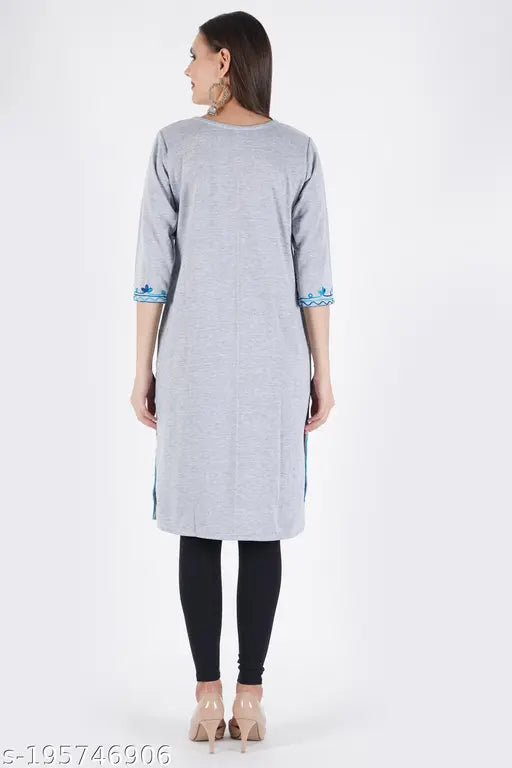 GreyBlue Woolen Kurti, embroidered three-quarter sleeve women's winter wear, premium quality Indian craftsmanship