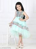 Sea green net Hi-Low party dress for girls (1-2, 2-3 years), toy balloon print, Indian origin