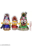Handcrafted wooden idols of Lord Jagannath, Balaram, Subhadra (Lord Krishna avatars) in vibrant multicolor. Ideal for home temples, offices, religious places, or gifting. Includes a large 4-inch Sudarshan decorative showpiece. Indian handicraft artifact for home or car dashboard decor