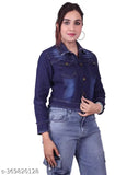 Dark blue denim women's jacket, solid pattern, long sleeves, trendy and durable, fits S-XL