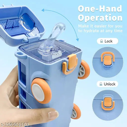 Blue plastic bus water bottle for kids, BPA-free sipper design with leak-proof functionality, ideal for school use (1 piece)