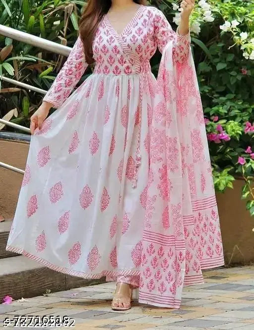 Pink rayon three-quarter sleeve kurta with printed frills, part of a Chitrarekha attractive women's set (XL size) from India