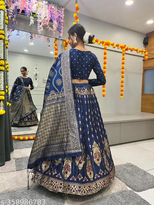 Premium Banarasi silk lehenga-choli set for women, art silk top and bottom with woven design. Indian made, fully stitched lehenga (41 inch, up to 39inch waist), unstitch choli fabric 0.8 meter, dupatta 2.2 meter x 36 inches
