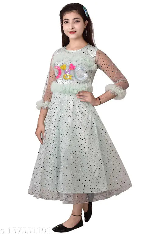 Stylish net frock for girls, embellished pattern, super net, three-quarter sleeves, size 3-4 years