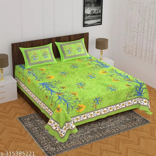 Designer handmade Jaipuri cotton printed bedsheet & 2 pillow covers, superfine quality for double queen size bed. Indian-origin Jaipuri print bedding set