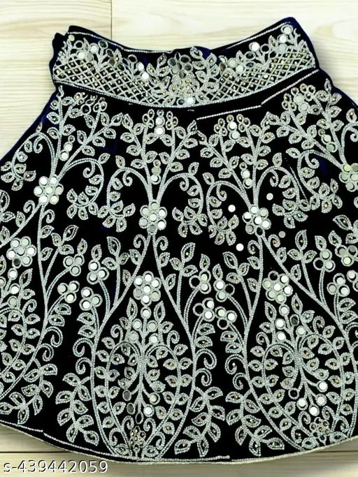 Zari embroidered velvet mirror work lehenga choli for baby girls and girls, perfect for festive wear and parties. Handmade in India