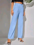 Solid net cotton blend Bell Bottom trousers for women, versatile fit with stretch, high-waisted, ankle length, elastic waistband, front seam detail, suitable for office or casual wear. Made in India
