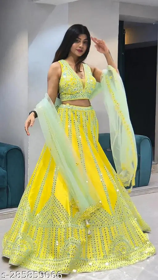 Embroidered heavy georgette lehenga choli and net dupatta set for women, semi-stitched with 44in waist and 42in length