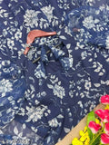 Blue organza printed kurta with short sleeves, full lining, and stylized neck on a mannequin, showcasing the floral design and included dupatta. Indian party wear dress set from Stylesh Gwon. Size: S, M, L, XL, XXL (Full-stitch, 52 inch, flair lining)
