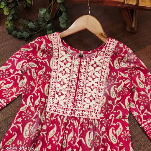 Printed embroidered cotton kurta bottom dupatta set for girls, single net quantity. Traditional Indian outfit with three-quarter sleeves and latest designs. Comfortable, elegant, and suitable for functions, festivals, parties, and weddings