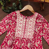 Printed embroidered cotton kurta bottom dupatta set for girls, single net quantity. Traditional Indian outfit with three-quarter sleeves and latest designs. Comfortable, elegant, and suitable for functions, festivals, parties, and weddings