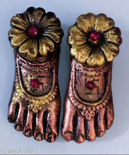 Terracotta Clay Maa Laxmi Charan Paduka for prosperity, handcrafted by Kraftlik, 10cm x 10cm x 9cm, traditional Diwali pooja article, made in India