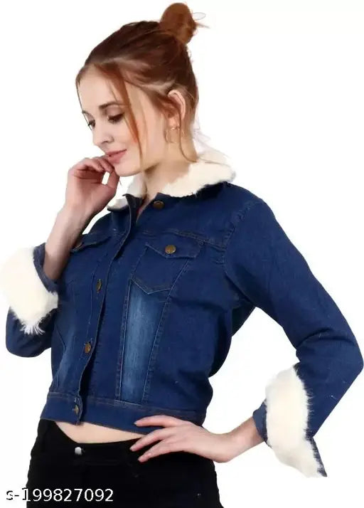 Solid plain denim women's jacket with long sleeves, quality finishing for comfortable fit, Made in India