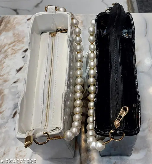 Marble PU classic sling bag with pearl handle and long shoulder strap for women and girls