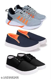 Multicolor canvas kids' sneakers & loafers pack (3pcs), lightweight and breathable for daily wear, lace-up design, PVC sole, durable, slip resistant, comfortable, air cushion outsoles, flexible walk, suitable for ages 4-12 years, made in India