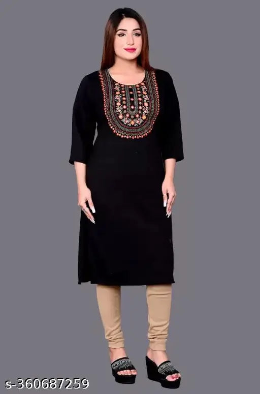 Woolen black kurti with three-quarter sleeves, solid design. Elevate winter wardrobe with exquisite embroidery