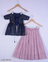 Trendy cotton silk sleeveless lehenga choli set for girls, embellished woven design on display, Indian made, sizes 1-16 years available