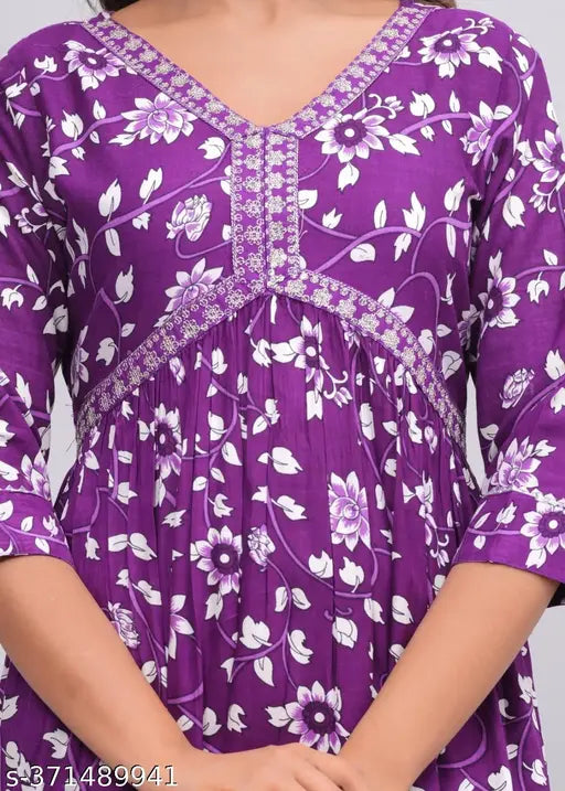 Purple rayon anarkali kurti with printed embroidery for women, three-quarter sleeves