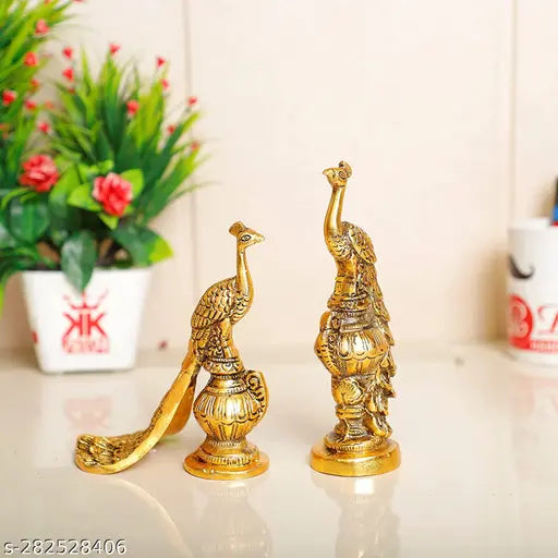 Gold peacock couple figurines, bird & animal showpieces for home or office decor - set of 2 (16 x 45 x 16 CM)