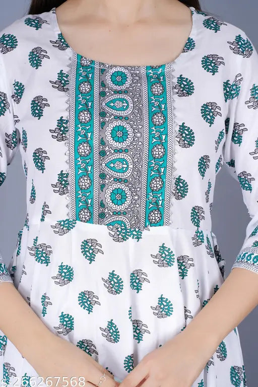 White rayon lace-printed kurti, three-quarter sleeves, Indian fashion apparel on model