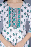 White rayon lace-printed kurti, three-quarter sleeves, Indian fashion apparel on model