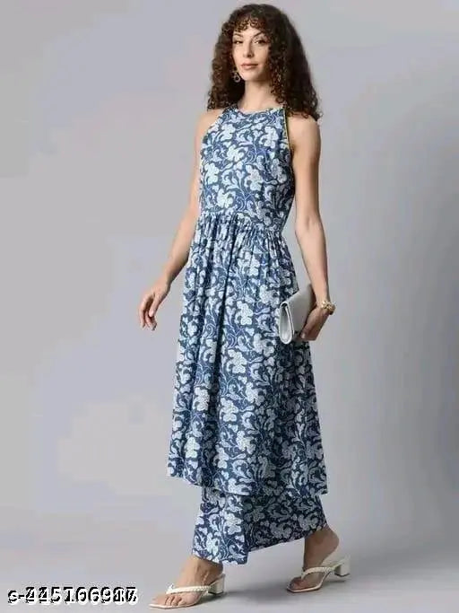 Rayon sleeveless Kashvi Superior Women's Kurta set with palazzos, printed net, single size available