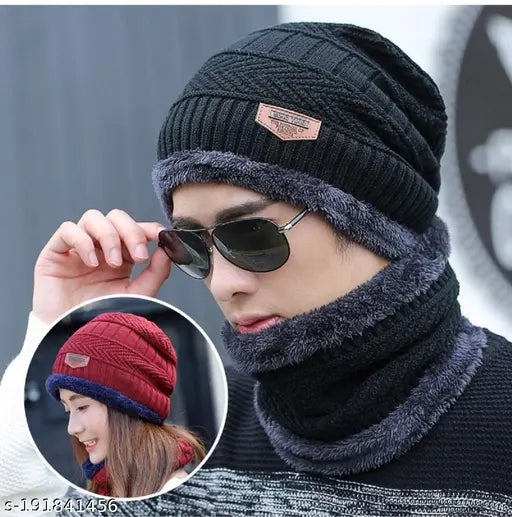 Woolen Beanie/Skull Cap & Neck Warmer (Muffler) Combo, soft acrylic with faux fur inner, warm winter hat set for adults, made in India