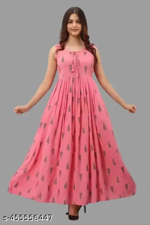 Premium rayon sleeveless printed net gown for women and girls, ideal for summer parties and travel wear