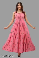 Premium rayon sleeveless printed net gown for women and girls, perfect for summer parties and casual events