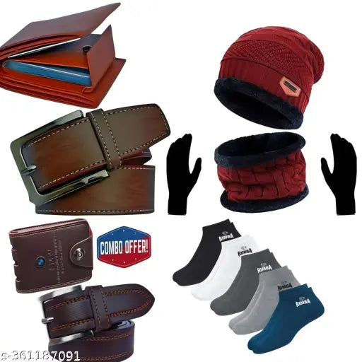 Trendy winter canvas & leather men's wallet set with 2 belt combos, 5 pair socks, or woolen cap & gloves (India)