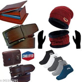 Trendy winter canvas & leather men's wallet set with 2 belt combos, 5 pair socks, or woolen cap & gloves (India)