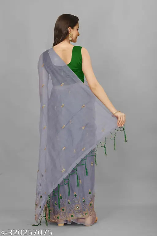 Feather design mirror and embroidery work sari in mustard yellow super net with heavy plain banglory silk blouse