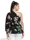 Black polyester floral one-shoulder crepe longline top with long sleeves, featuring Indian print design