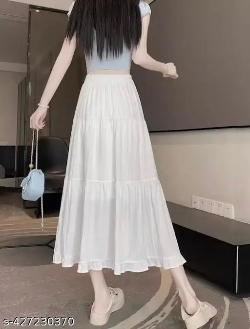 White rayon skirt, comfortable and beautiful, full bottom, 100% Rayon, calf length, various sizes available (24, 26, 28, 30, 32, 34, 36, 38, 40, 42, 44, XS, S, M, L, XL)