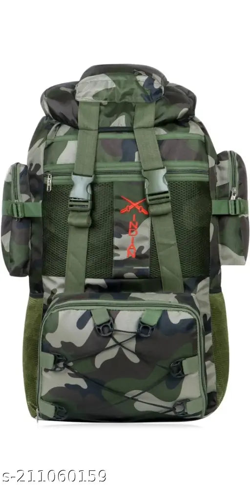 High-quality army fabric 90L rucksack, lightweight hiking backpack with adjustable whistle buckle, bottom shoe pocket, and top zip pocket. Made in India