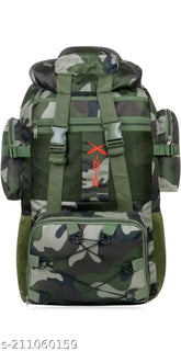 High-quality army fabric 90L rucksack, lightweight hiking backpack with adjustable whistle buckle, bottom shoe pocket, and top zip pocket. Made in India