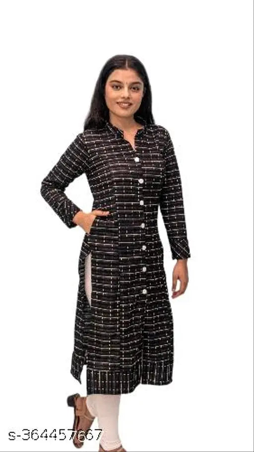 Black woolen kurti for women, three-quarter sleeves, printed combo. Warm, stylish, versatile winter wear from India