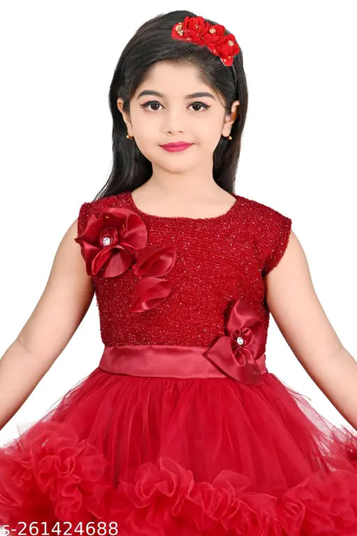 Maroon embellished net frock dress for girls, perfect for festivals and special occasions. Made in India